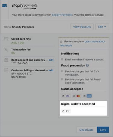 Shop payement wallet accepted